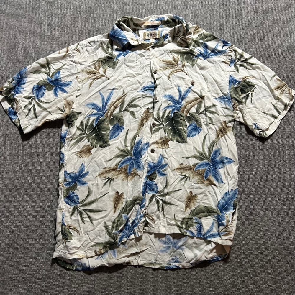 Campia Moda Button Down Shirt Mens Large White Blue Tropical Floral Rayon Aloha